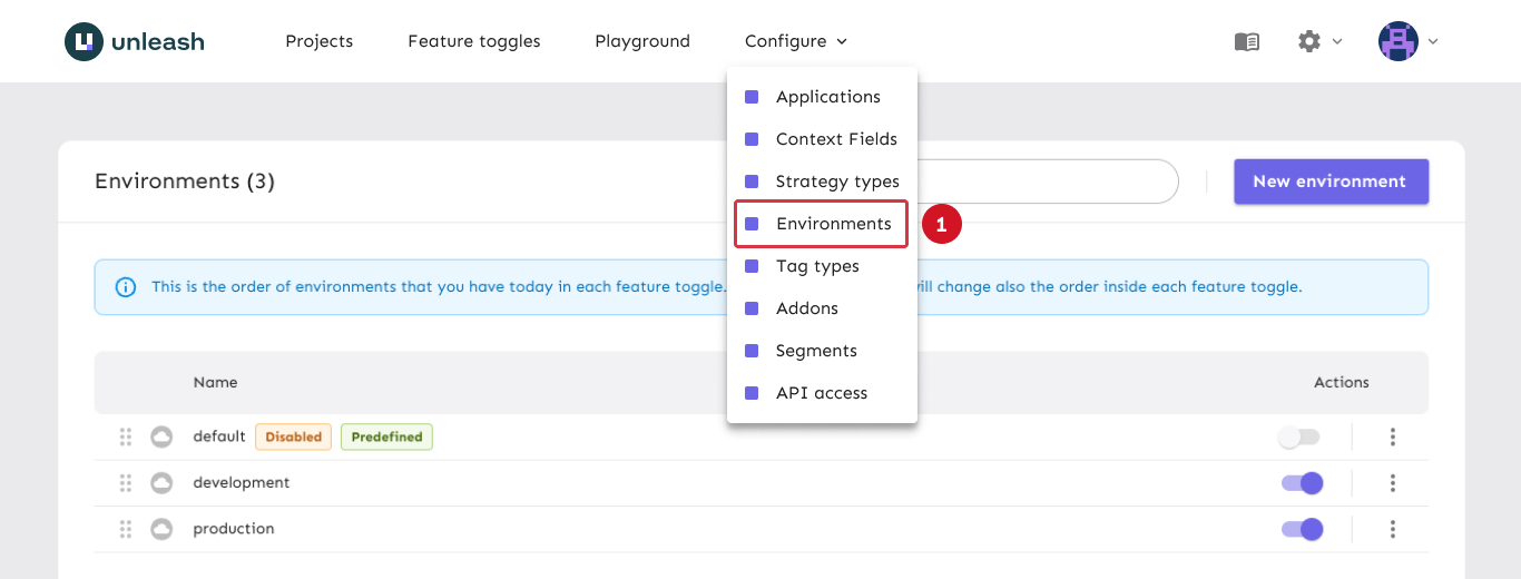 The admin UI navigation &quot;Configure&quot; submenu with the Environments item highlighted.